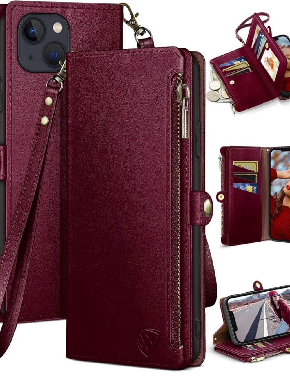 Premium Burgundy Wallet Phone Case with Wrist Strap & Zippered Pocket